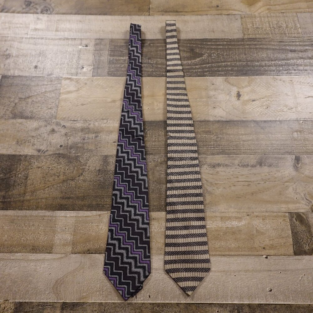 Claiborne & Crazy Horse Silk Tie Bundle Purple‎ Chevron & Tan Stripe Lot of 2